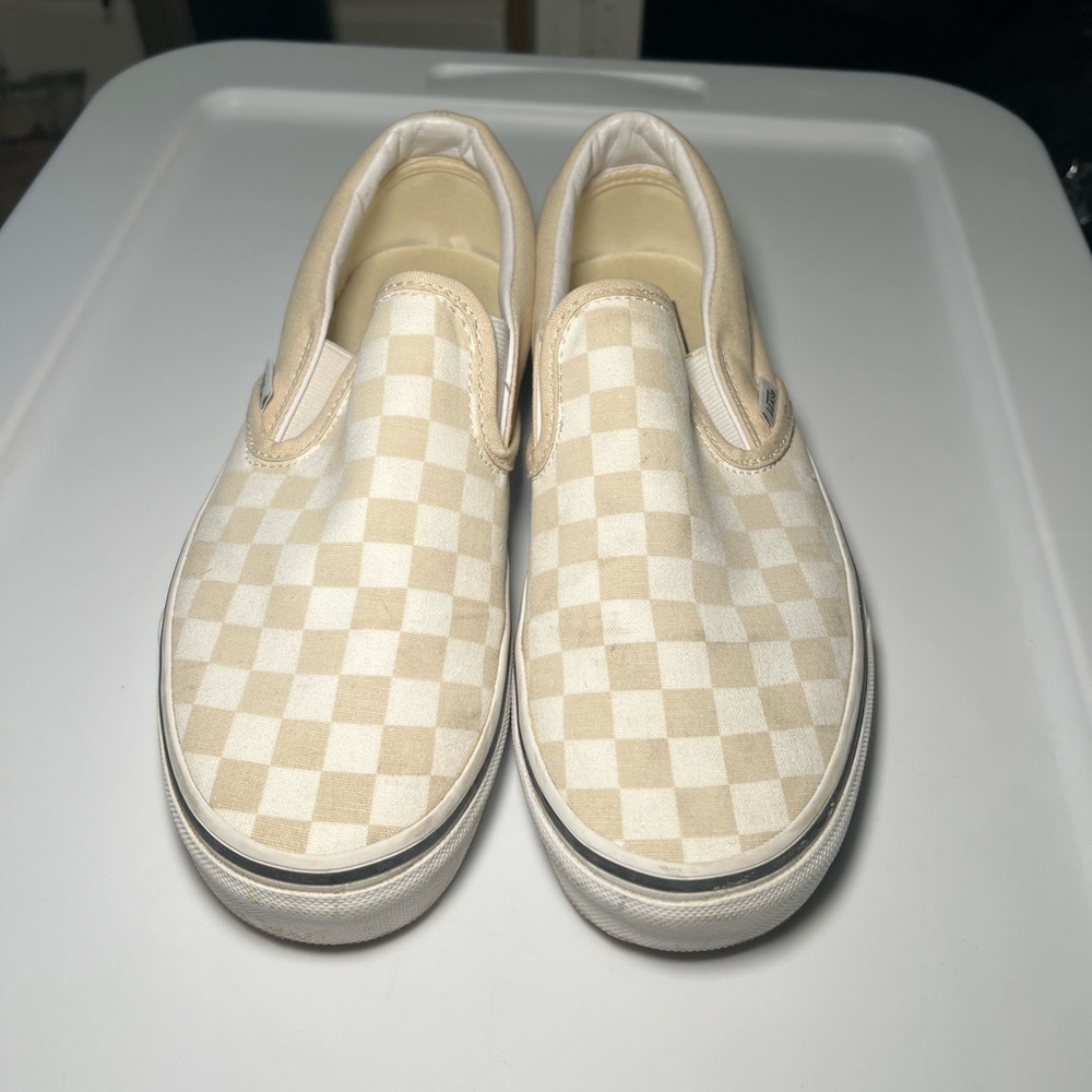 Vans Cream and White Checkered Slip-On Sneakers